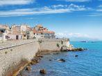 Ligurian sea and coastal wall in Antibes, France.