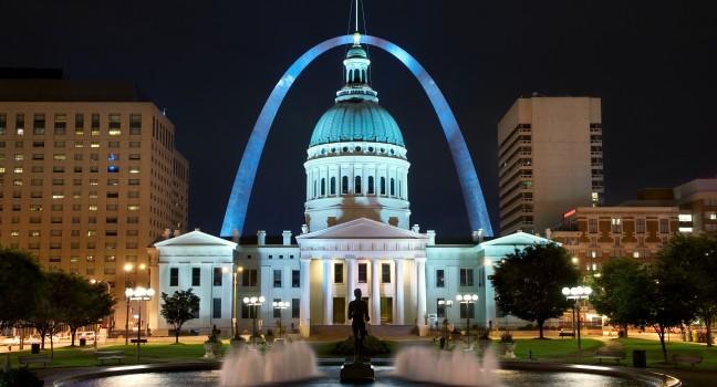 St. Louis downtown with Old Courthouse building at night; 