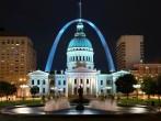St. Louis downtown with Old Courthouse building at night; 