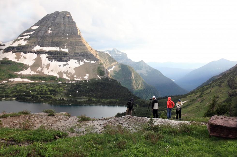 Hikers on the Hidden Lake Trail in Glacier National Park, Montana.