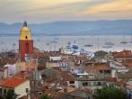 View at St.Tropez and anchored ships at sunset in French Riviera. 