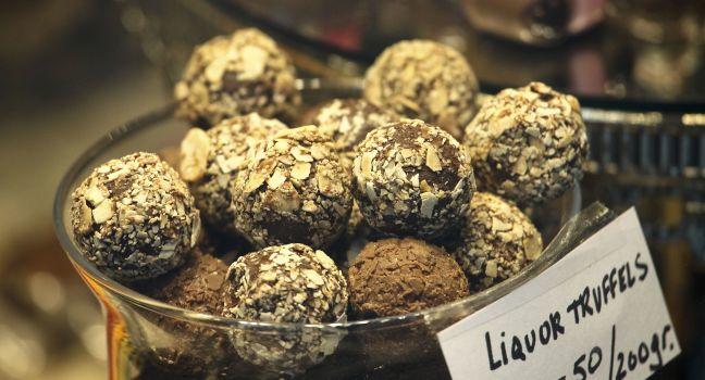 Belgian chocolate - Liquor truffles in a Brussels chocolate store