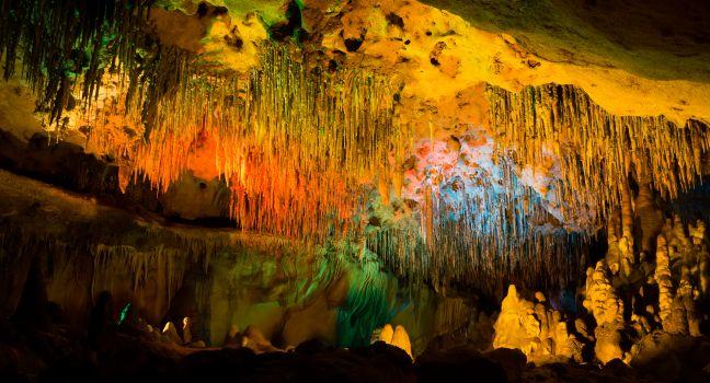 Colored lights in  the cave at Florida Caverns State Park ; 