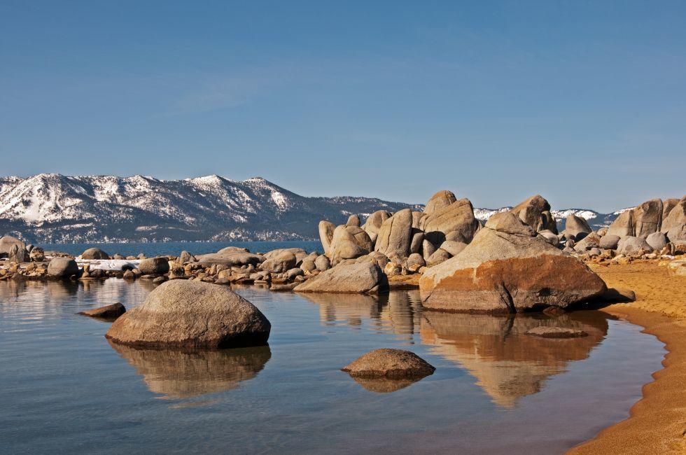 A clear morning in Zephyr Cove, Nevada with views of the Californiaside of Lake Tahoe.