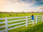 Woman  enjoying  countryside  view  with green pastures and horses at evening golden hour. Kentucky