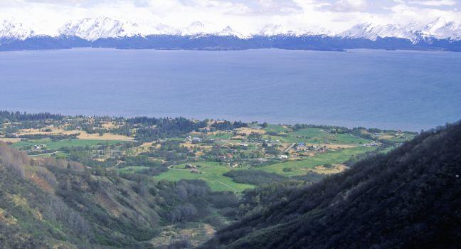 Skyline Drive view of Kachemak Bay and Kenai Mountains, Homer, Alaska.