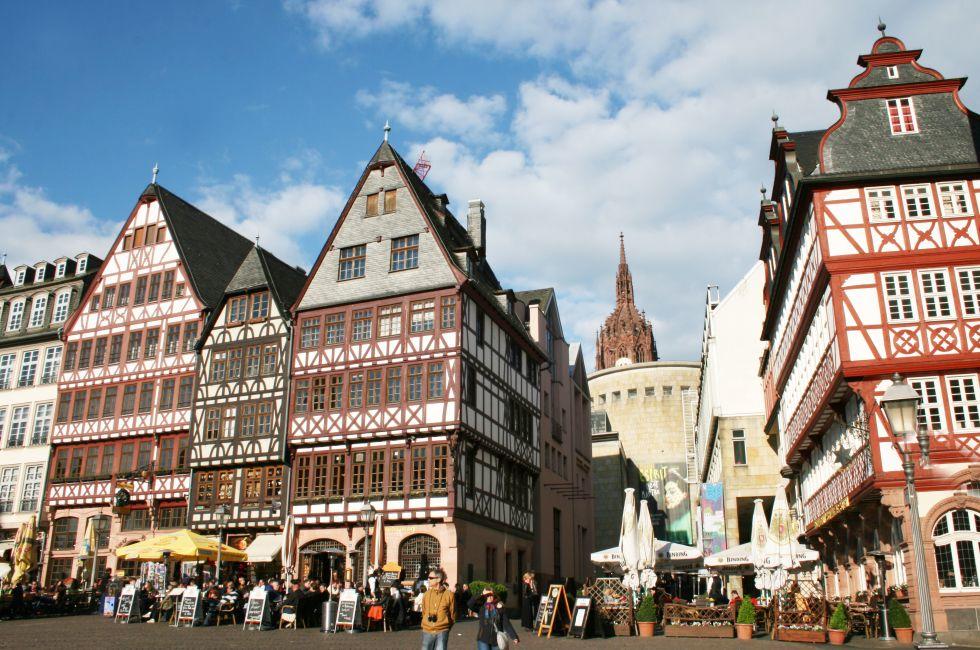 FRANKFURT AM MAIN, GERMANY, MAY The 3rd 2014: The Romer Square, one of the oldest and most historic sections of Frankfurt am Main, featuring Roman bath ruins and gabled, gothic row houses.