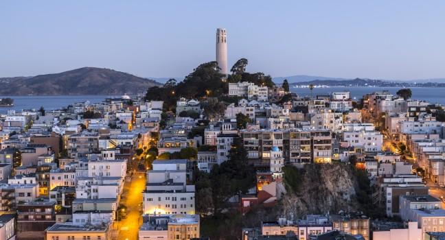 Aerial dusk view of Coit tower in downtown San Francisco, California