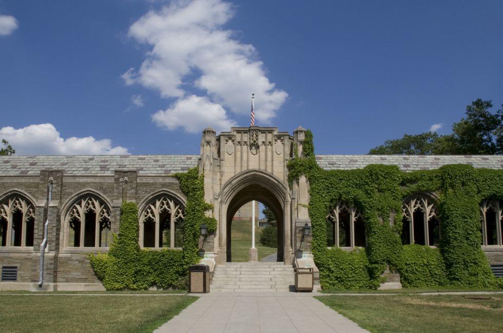 Beautiful ivy covered arched windows on the grounds of Cornell University in Ithaca, New York.
