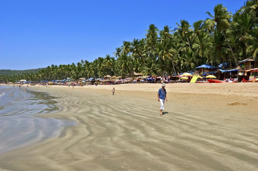 Exiting Palolem beach panorama on low tide with white wet sand and green coconut palms, Goa, India.