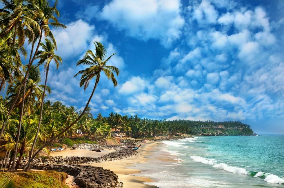 Beautiful view of Odayam beach near ocean and palm trees in Varkala, Kerala, India.