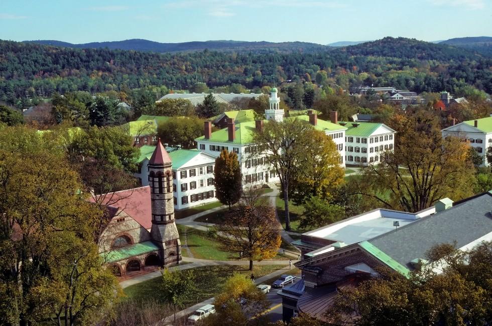 Elevated view of the campus at Dartmouth College, Hanover, New Hampshire showing dorms and church. Dartmouth is one of the top ten Ivy League colleges in the USA.