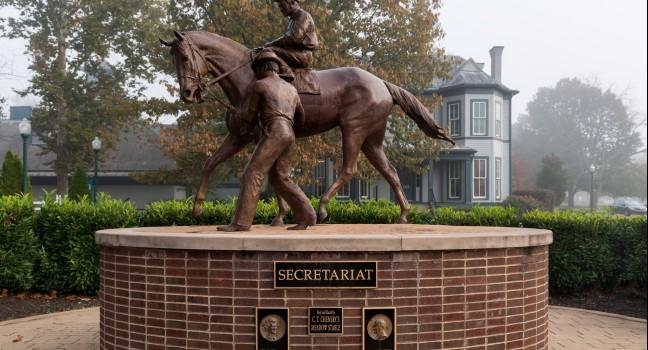LEXINGTON, KENTUCKY - OCTOBER 29: Bronze Secretariat sculpture designed by Edwin Bogucki at the Kentucky Horse Park on October 29, 2013 in Lexington, Kentucky.