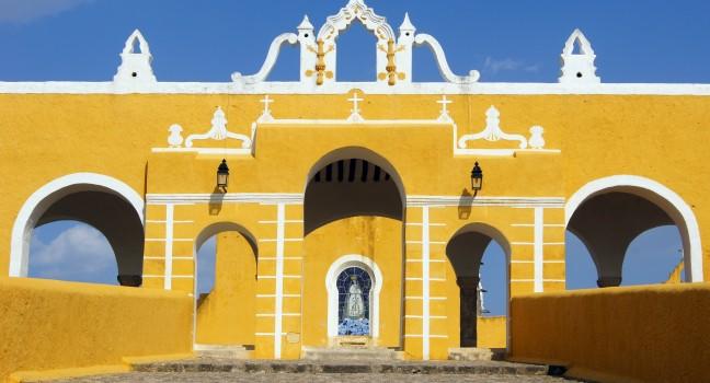 Staircase and entrance of monastery in Izamal, Mexico.