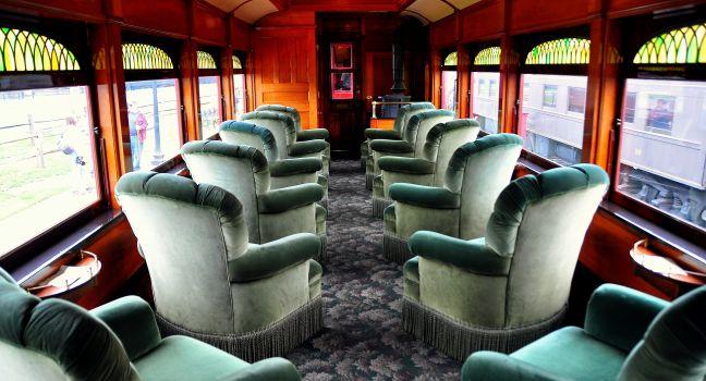 Strasburg, Pennsylvania: First Class Lounge Car with swivel chairs on a vintage Strasburg Railroad passenger car *.
