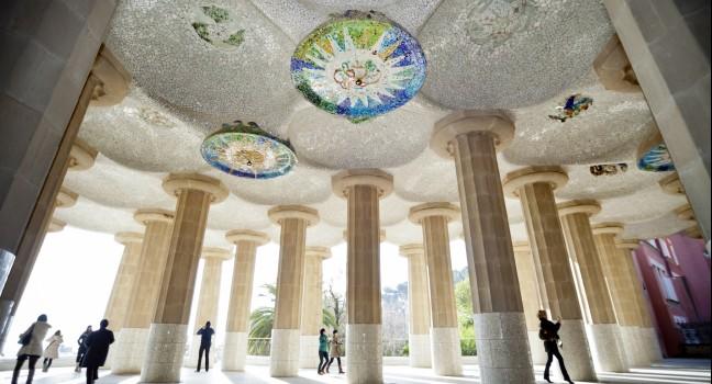 Hipostyle hall at Parc Guell by Antoni Gaudi. Barcelona, Spain.