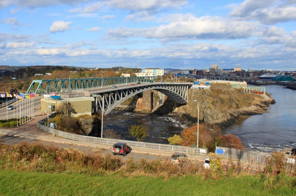 View of downtown Saint John, New Brunswick, Canada with the Reversing Falls and bridge in the foreground 