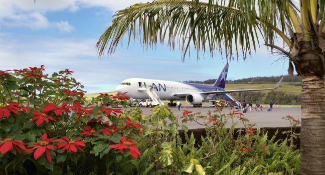 RAPA NUI, CHILE - JUNE 9, 2013: An aircraft of Chilean national carrier LAN is preparing for departure to Santiago on the airport of Easter Island.