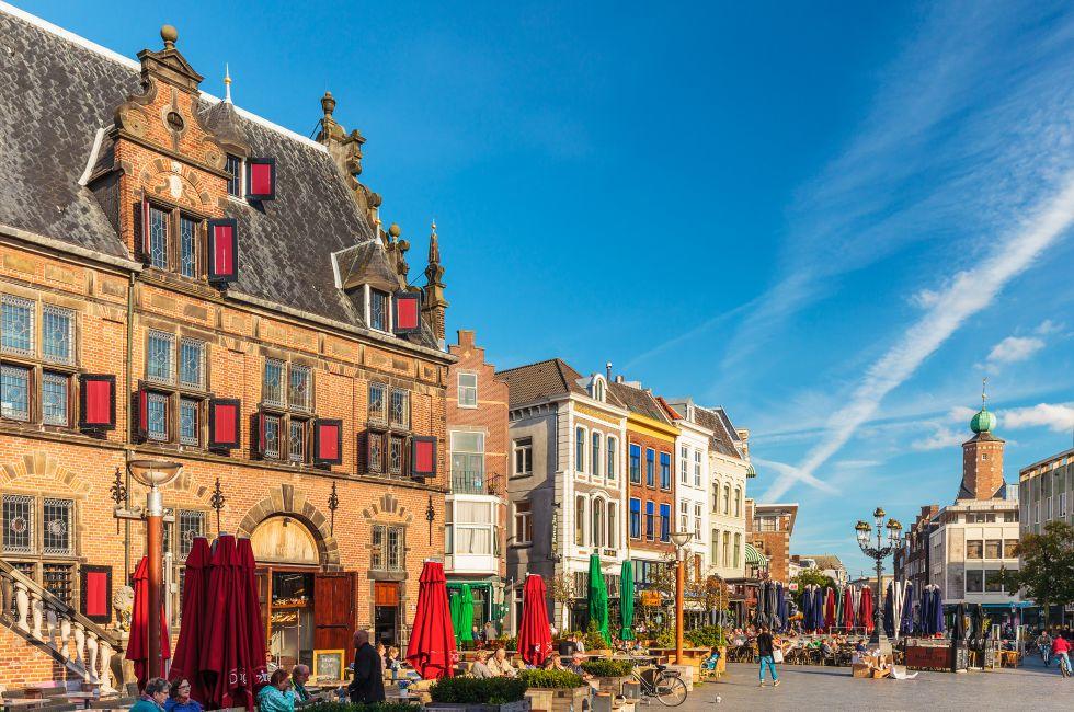 NIJMEGEN, THE NETHERLANDS - SEPTEMBER 29, 2015: The central historic square with bars and restaurants in the ancient city center of Nijmegen, The Netherlands.