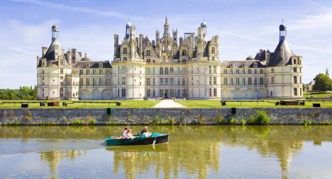 Chambord Chateau panoramic, France. Motion blurred people. 